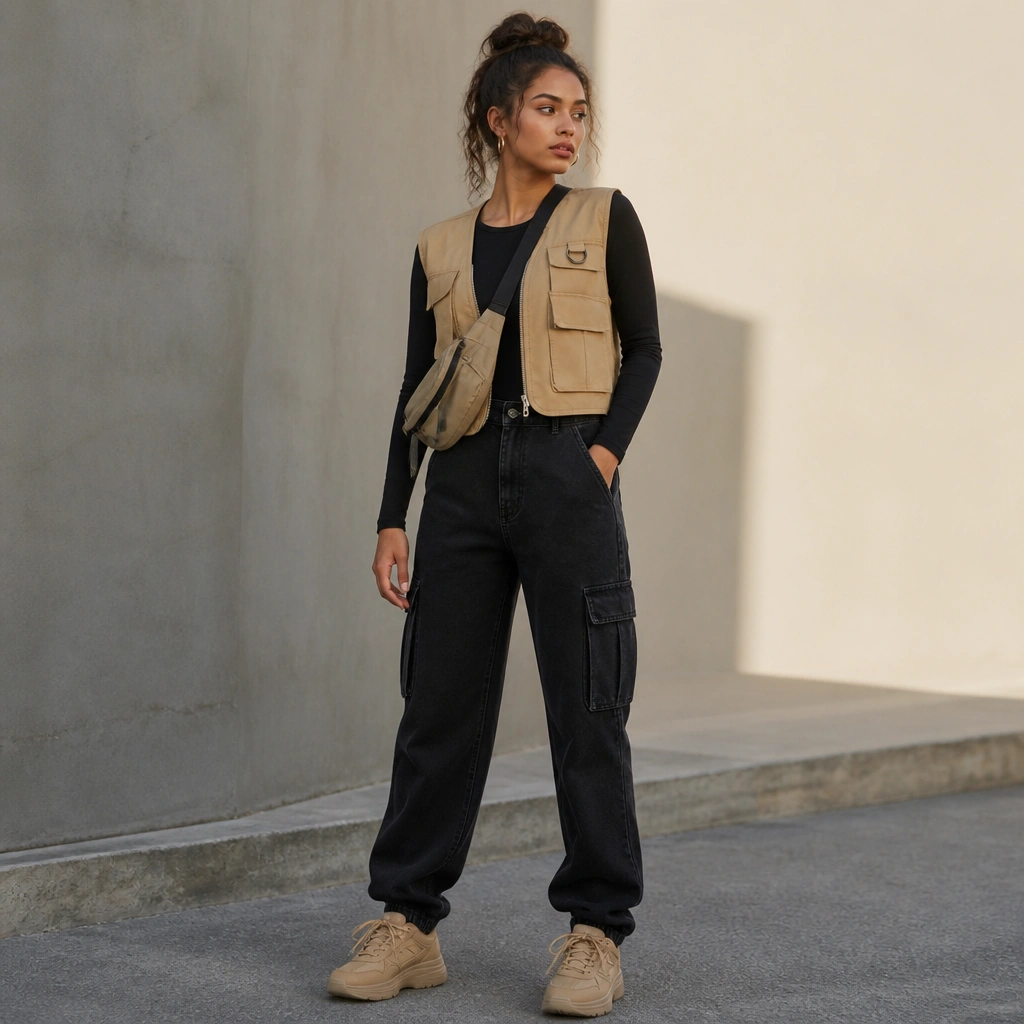 Black cargo jeans with a tan utility vest layered over a black fitted top. The vest has pockets and a front zipper, and the outfit includes tan sneakers and a crossbody bag.