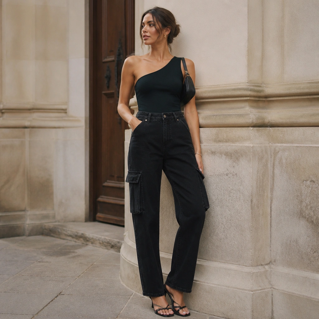 Black cargo jeans styled with a one-shoulder top in black or deep green. The outfit includes strappy heels and a small shoulder bag, with minimal jewelry.