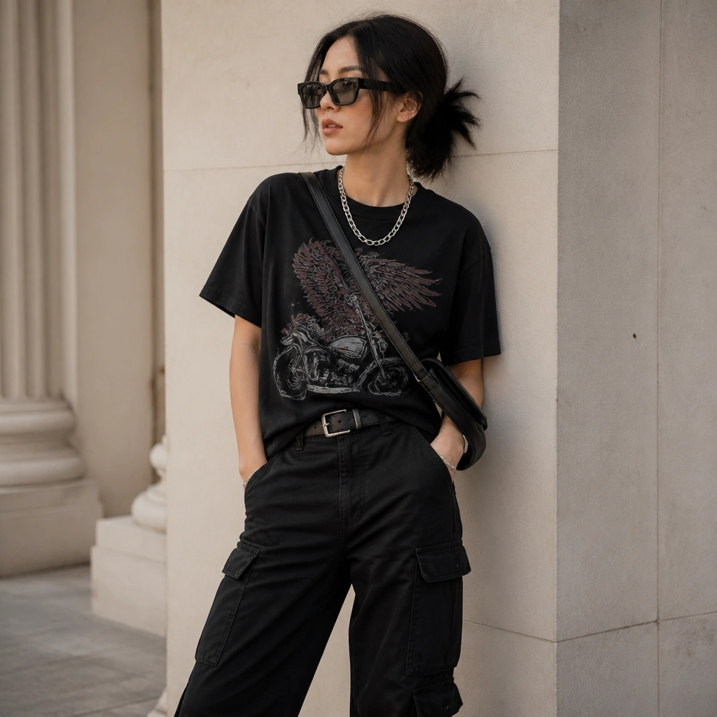 Black cargo jeans paired with a black graphic biker tee worn slightly oversized. The look includes a belt, a chain necklace, and oversized sunglasses with a casual crossbody.