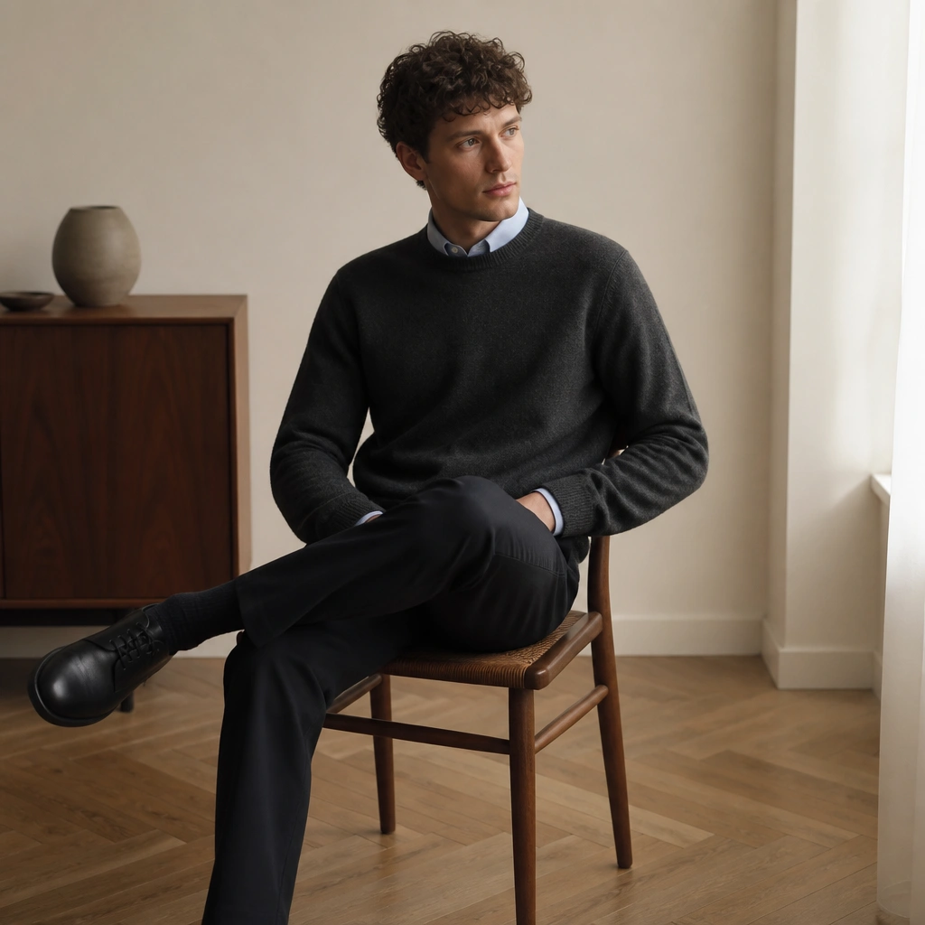 A charcoal crewneck sweater layered over a light blue dress shirt with the collar peeking out; dark trousers and minimal black leather lace-up shoes.