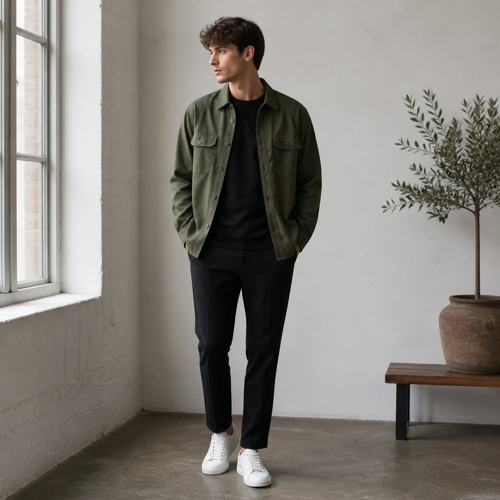 An olive utility overshirt worn open over a black crew tee, paired with tapered black trousers and clean white low-top sneakers.