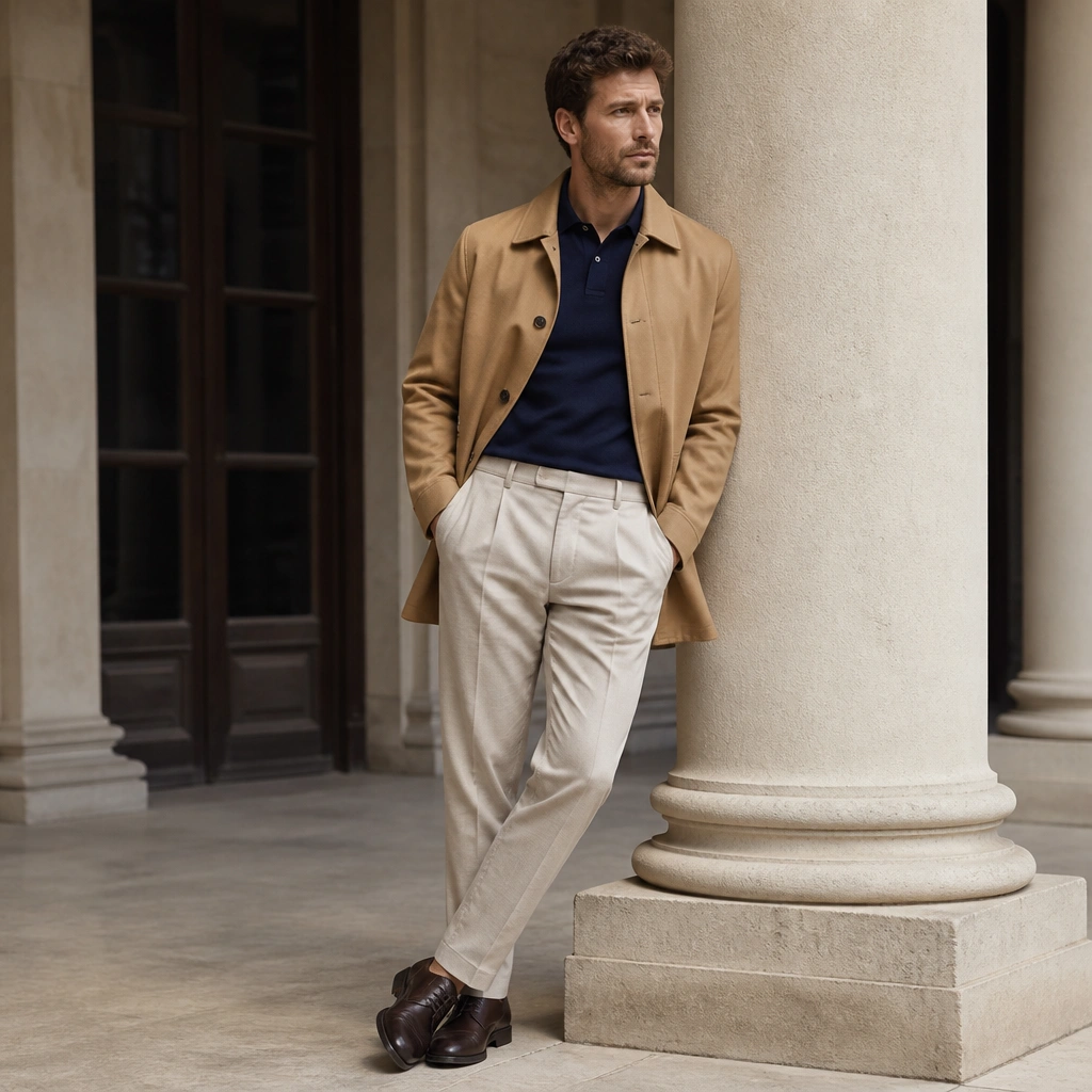 A camel mac-style jacket over a navy polo shirt, paired with beige trousers featuring subtle pleats; dark brown derbies.