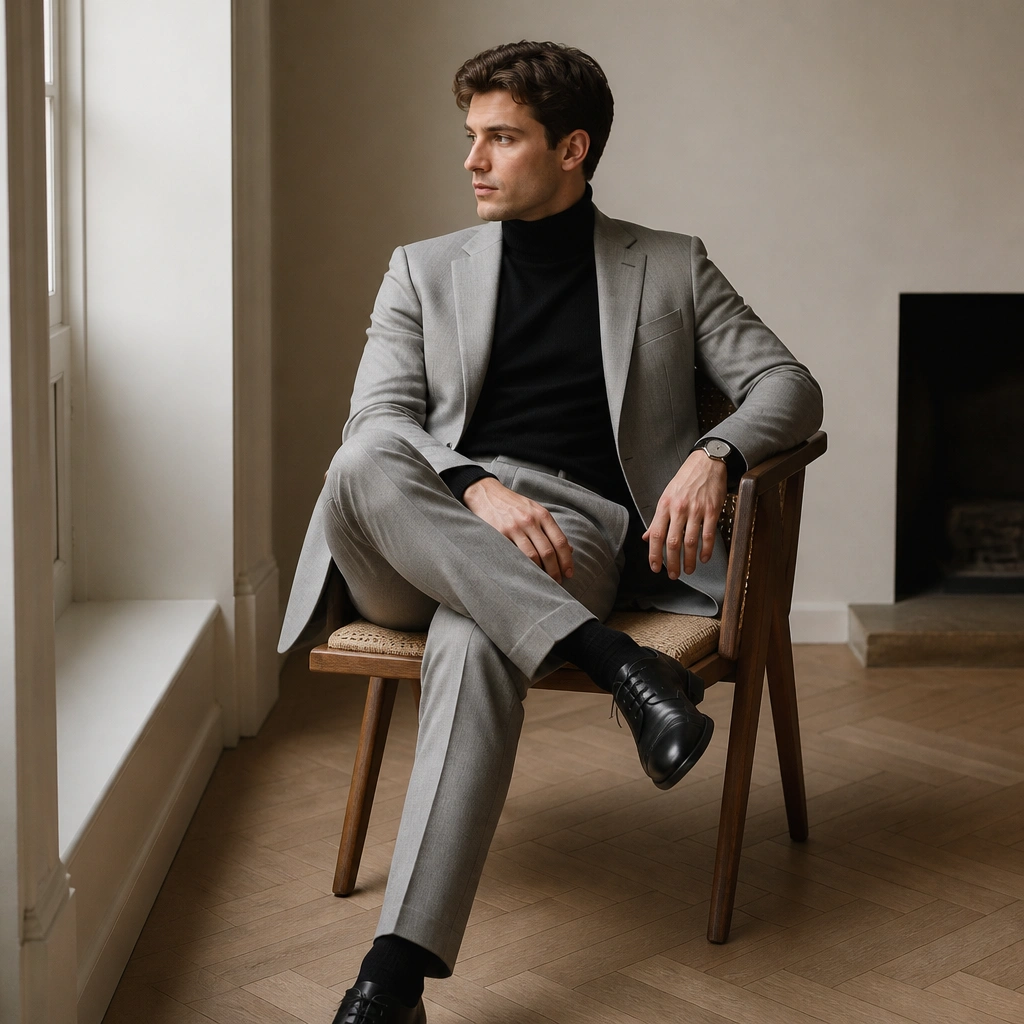 A light grey suit jacket paired with matching trousers, layered over a fitted black roll-neck; black leather shoes and a simple watch.