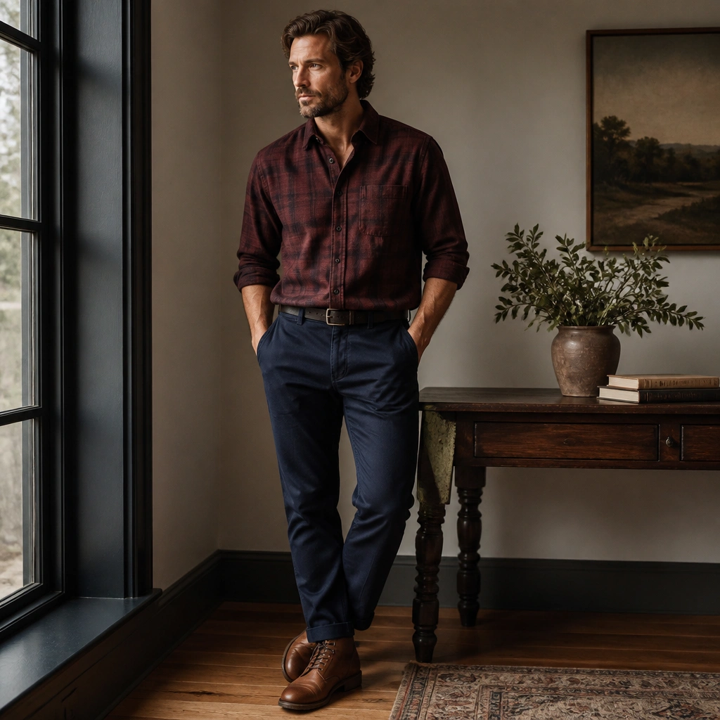 A burgundy flannel button-down with visible texture, paired with navy chinos and a dark belt; brown leather boots.