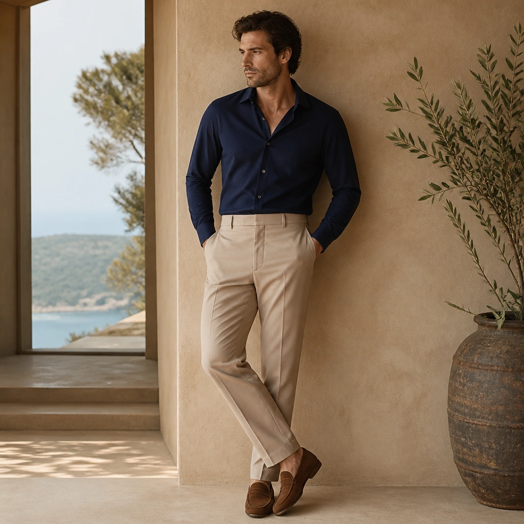 A navy button-up in a smooth, slightly drapey fabric, tucked into light tan trousers; suede loafers in warm brown.