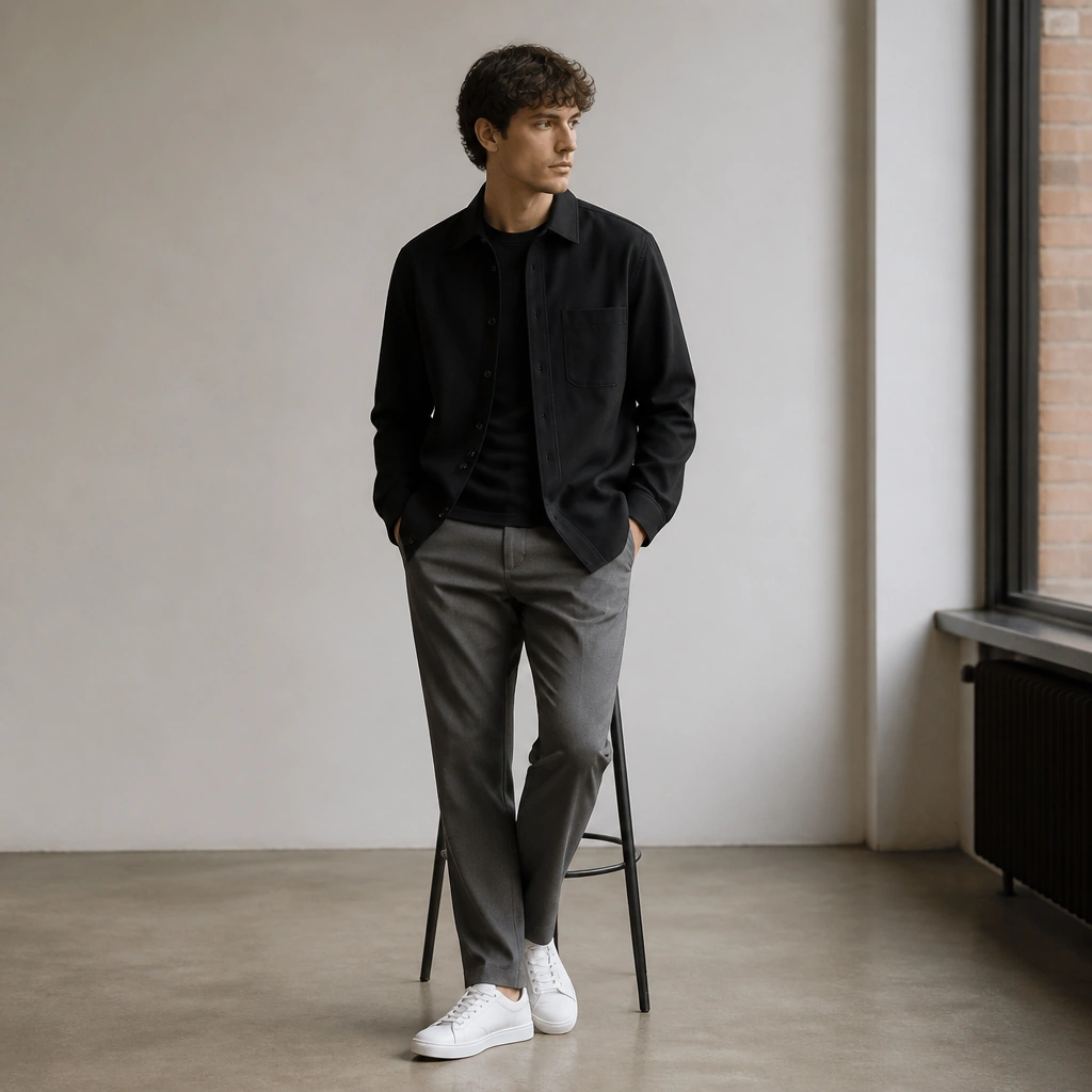 A black overshirt worn buttoned over a black tee, paired with medium grey trousers and clean white sneakers.