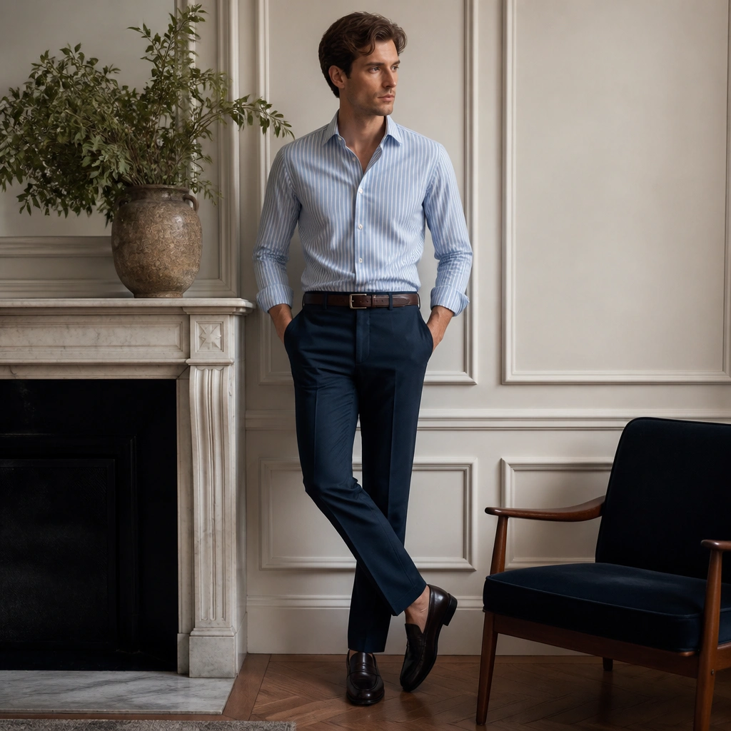 A blue-and-white striped button-down tucked into navy suit trousers with a brown belt; classic dark loafers.