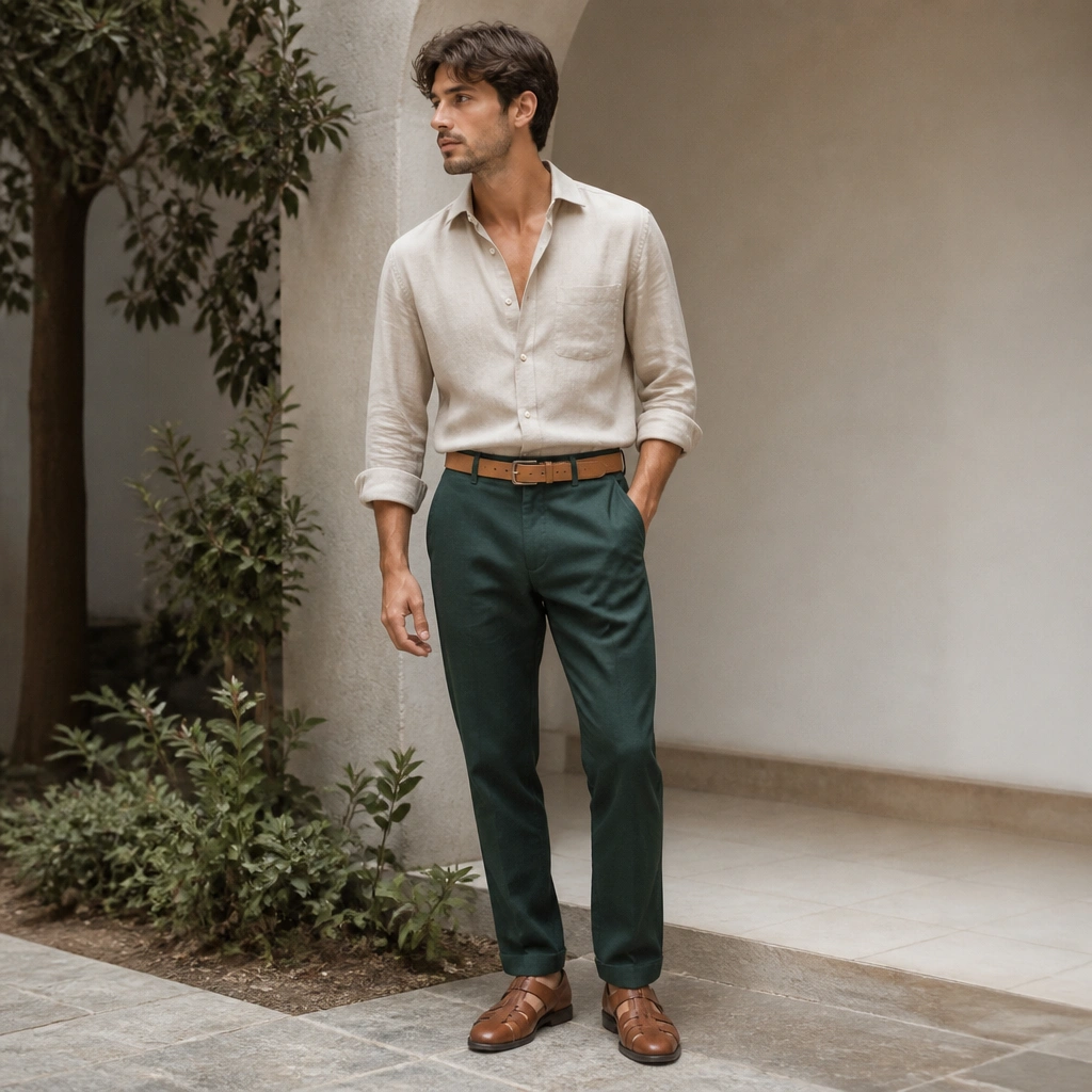 A beige linen-blend shirt left slightly relaxed and tucked into dark green chinos; tan belt and brown leather sandals-turned-derby style shoes.