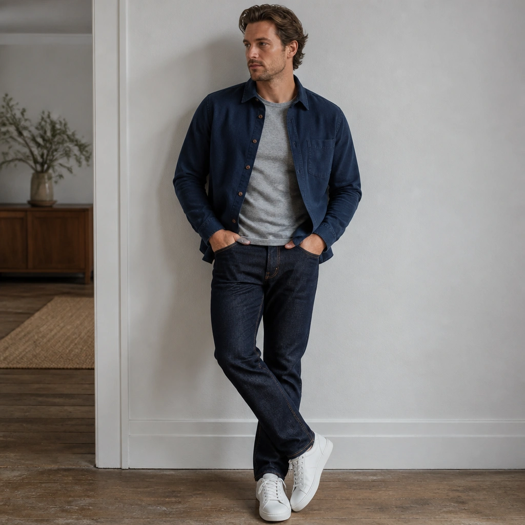 A man in a dark denim-blue overshirt worn open over a heather gray crewneck tee; he pairs it with dark wash jeans and white low-profile sneakers.