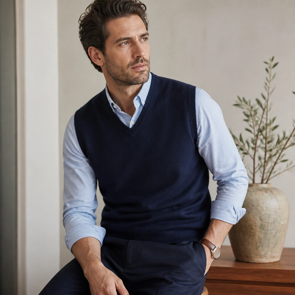 A man layered in an indigo sweater vest over a light blue button-down; he wears navy trousers and a brown leather watch strap.