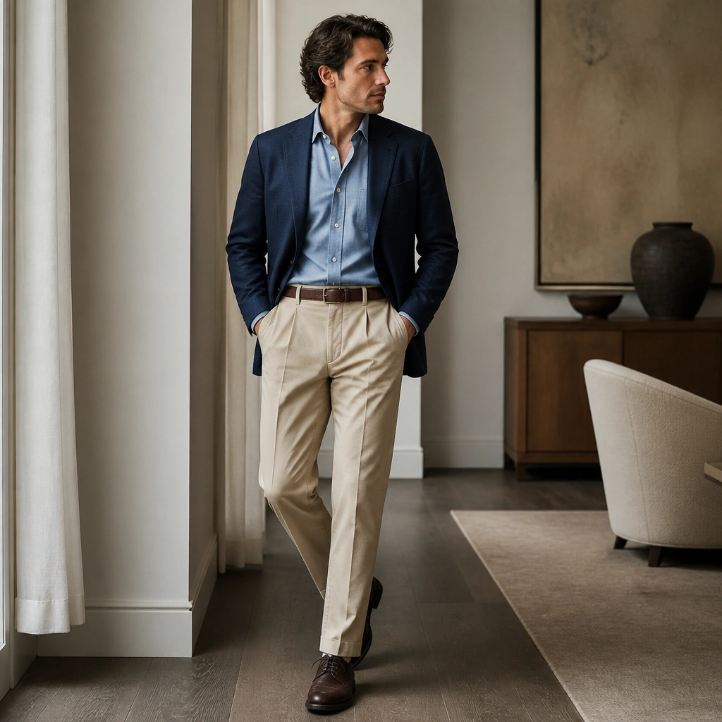 A man wearing a navy blazer over a light blue chambray shirt, tucked into beige pleated trousers; he has brown leather shoes and a matching belt.