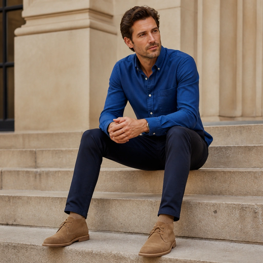 A man wearing a sapphire blue button-down with sleeves neatly buttoned at the cuff; he pairs navy chinos with tan suede desert boots.