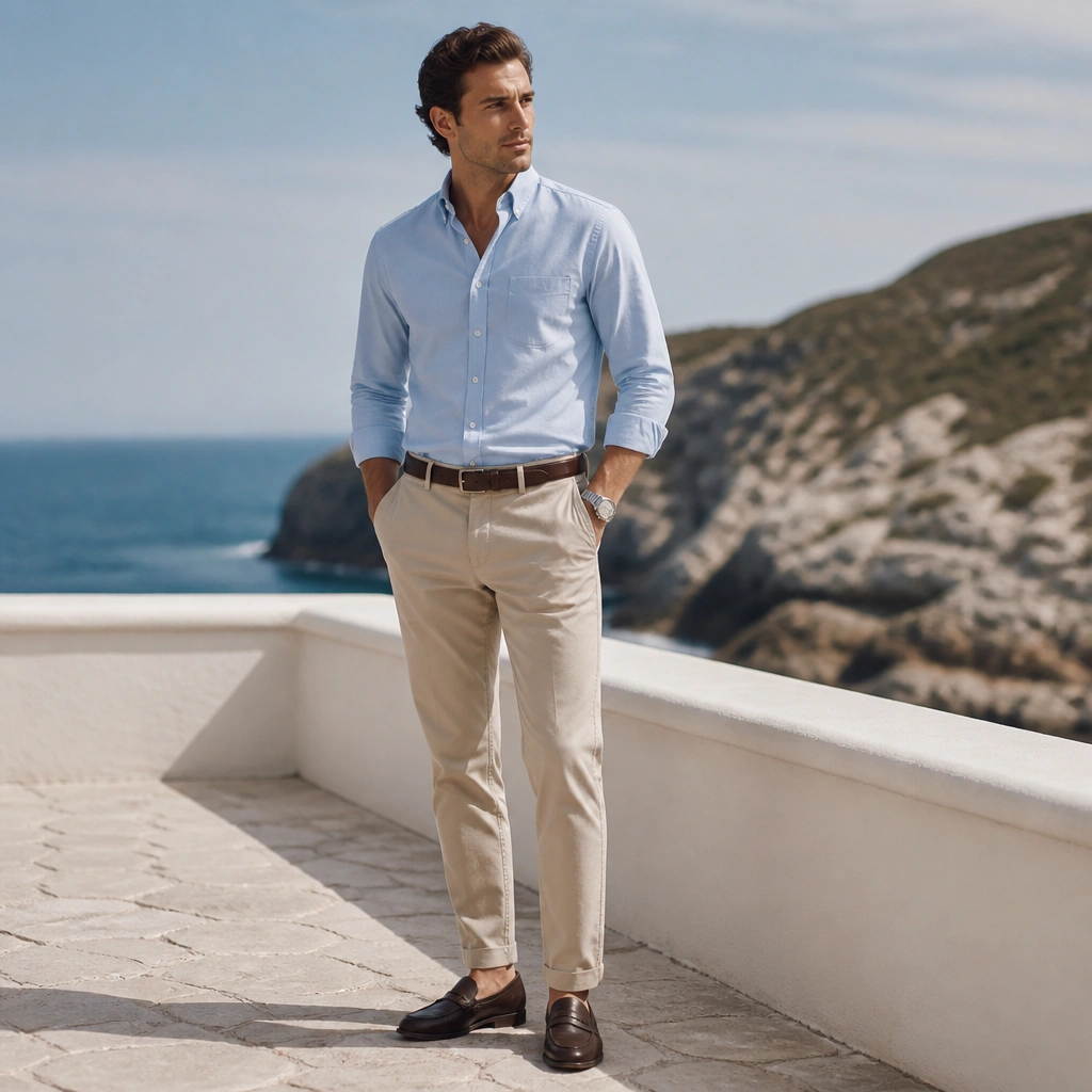 A man in a light blue Oxford shirt tucked into khaki chinos; he wears dark brown loafers and a matching belt, standing outdoors in bright light.