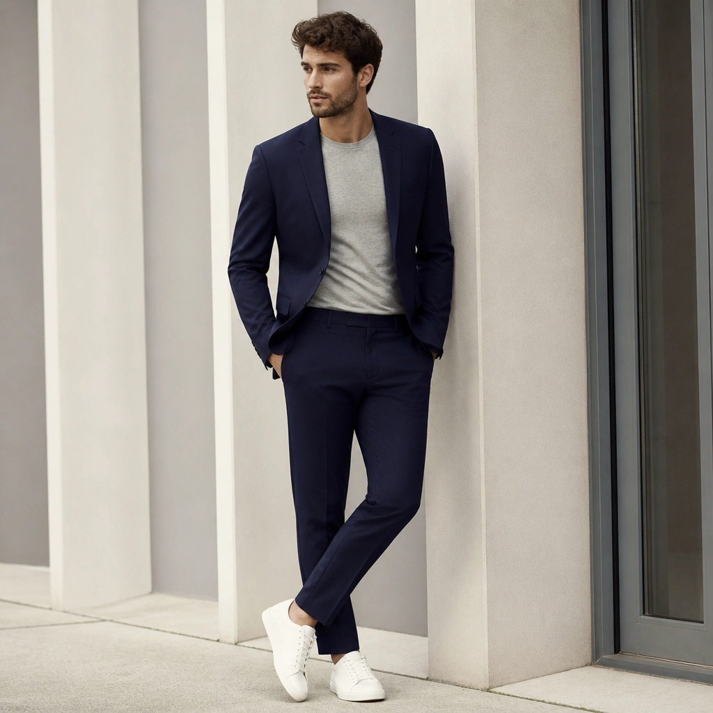 A man wearing a navy suit jacket over a fitted gray crewneck tee; he pairs it with tailored trousers and clean white low-top sneakers.