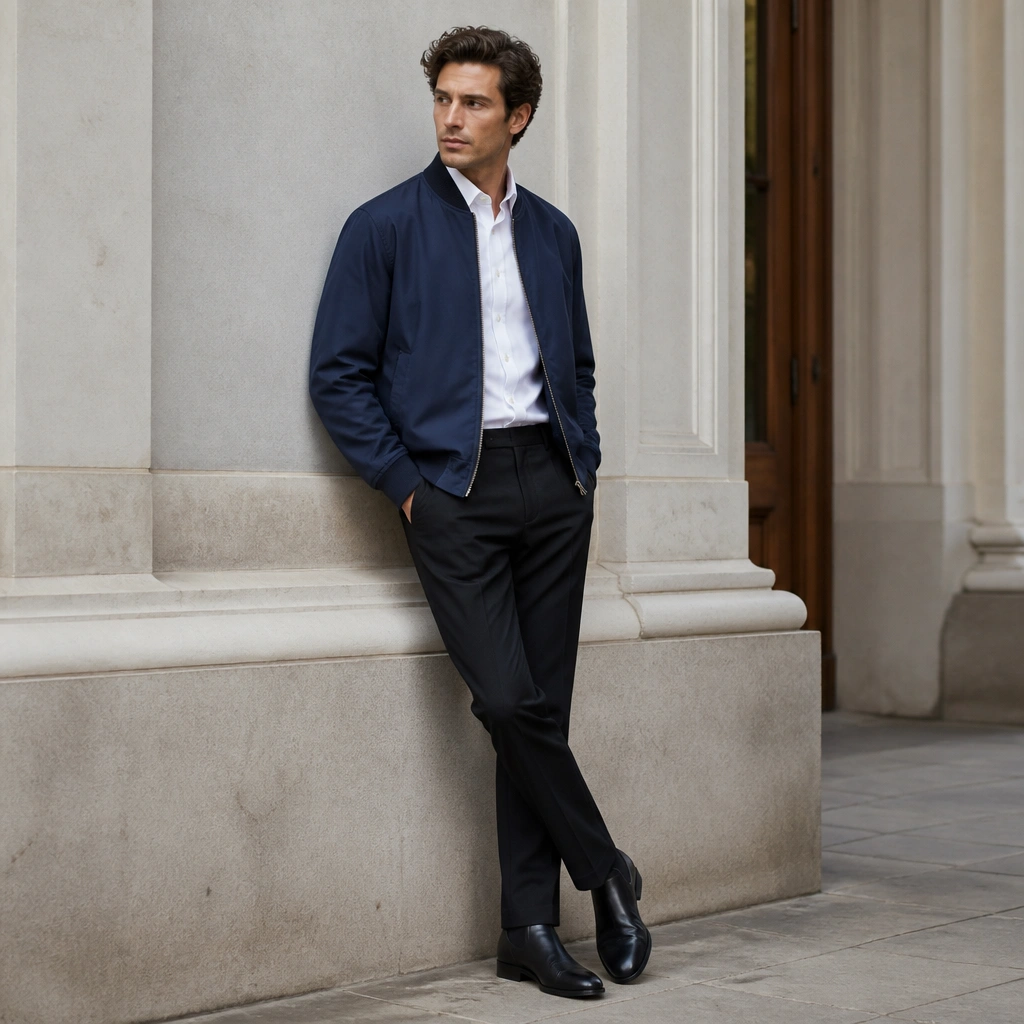 A man wearing a blue bomber jacket over a white poplin button-down; he pairs it with black tapered trousers and dark leather shoes.