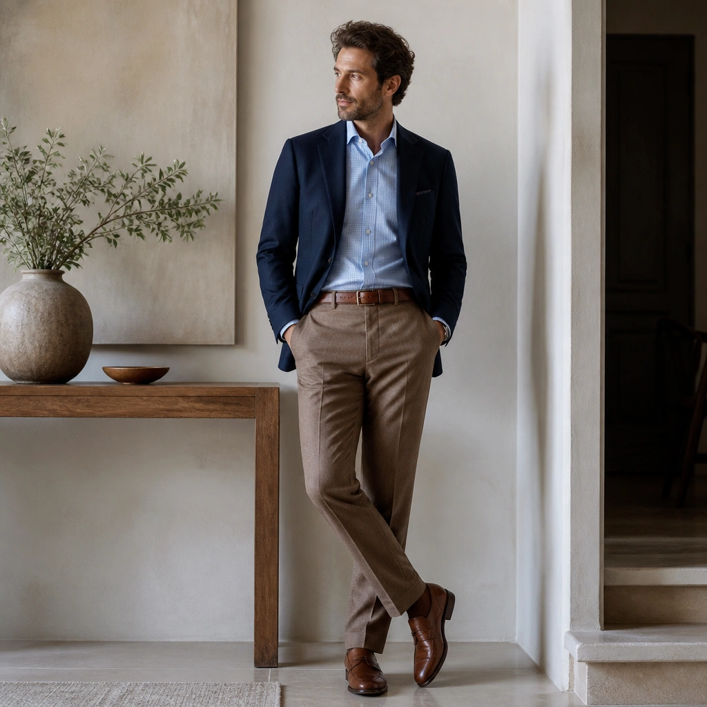 A man in a blue check button-down under a navy blazer; he wears tan wool trousers and brown leather shoes with a belt.
