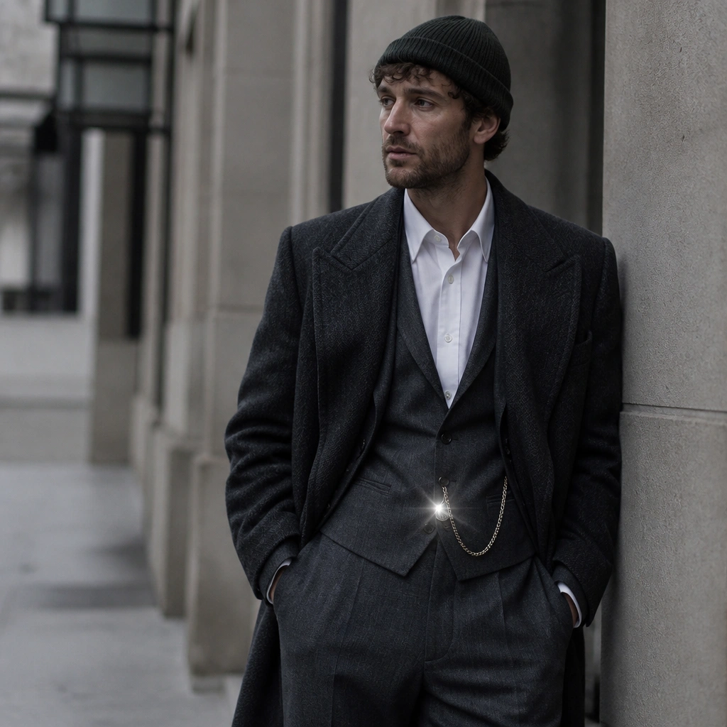 A man wearing charcoal trousers with a matching blazer, white shirt, and a slim silver watch chain catching a light reflection. He has a dark beanie peeking under a wool topcoat.