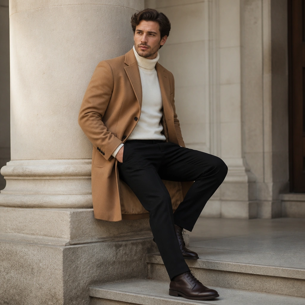 A man in a camel wool coat layered over an off-white turtleneck, with black straight-leg trousers and dark brown lace-up boots. The turtleneck brightens the frame near the face.