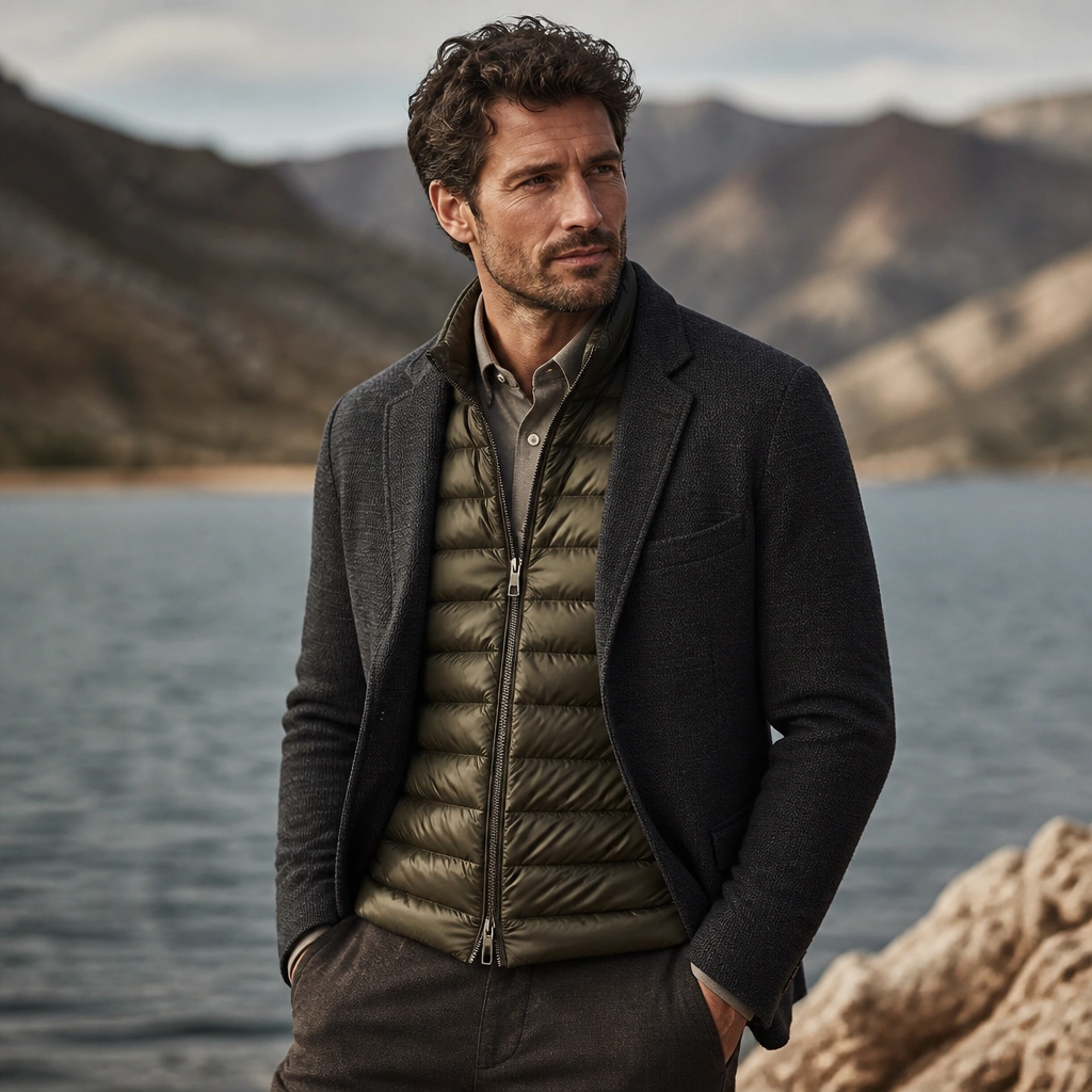 A man layered with a knit blazer in deep gray over a button-up, then an olive puffer vest. A subtle sheen from the puffer’s quilting looks like small light points.