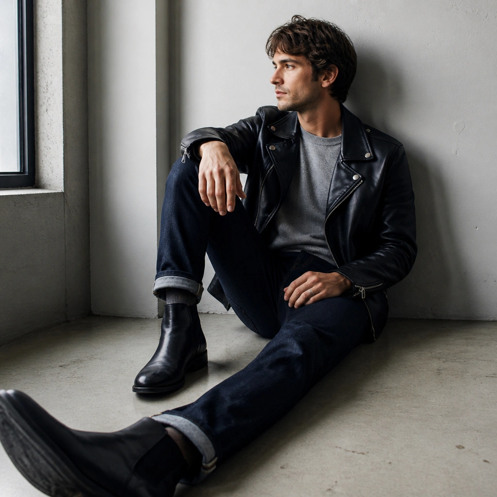 A man in a black leather jacket over a gray crewneck, wearing dark denim and black boots. The jacket has visible silver hardware that catches light at the collar and cuffs.