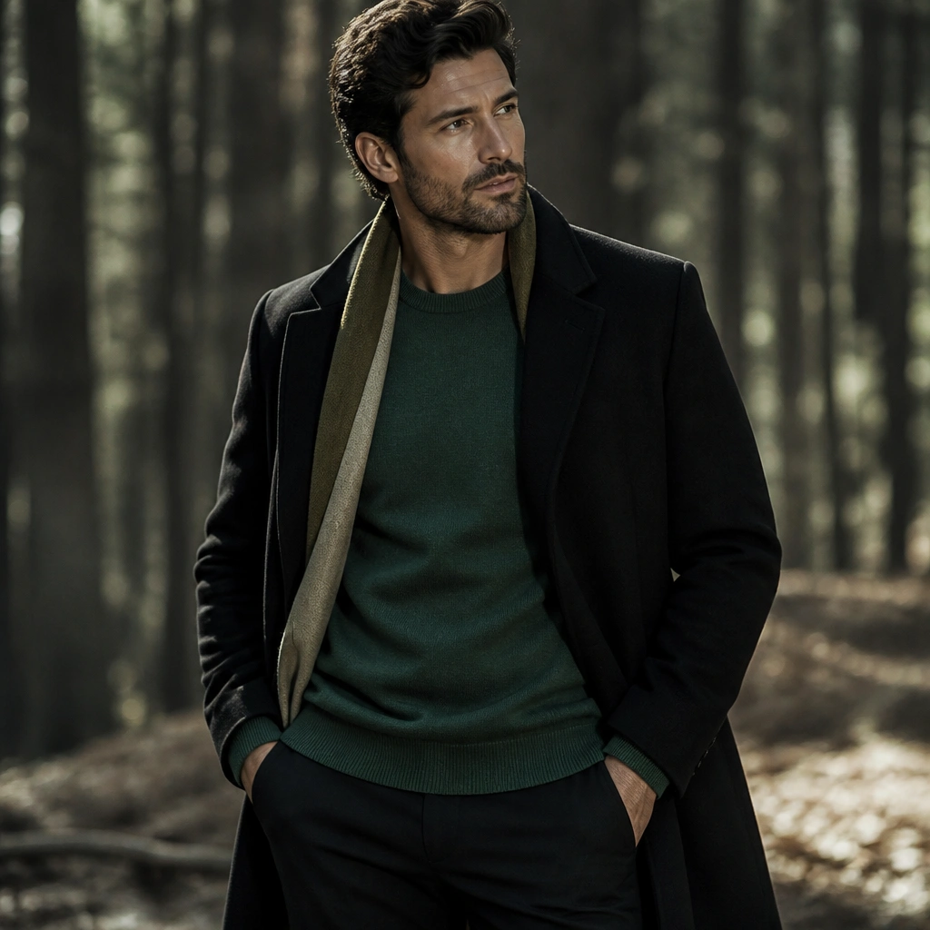A man in a forest green crewneck sweater, matte black trousers, and a dark coat in the background. A warm-lined scarf (visible at the collar) shows a soft, light-catching interior.