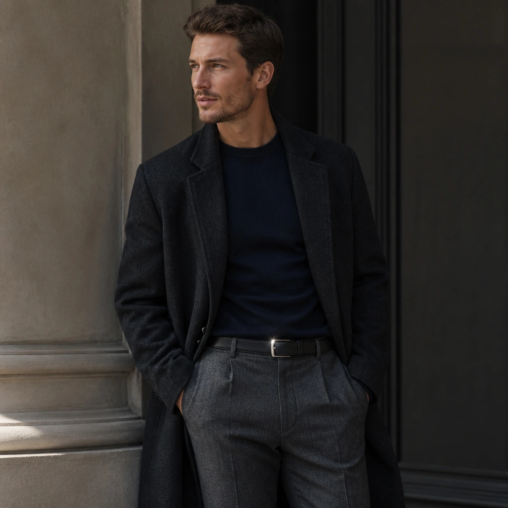 A man wearing gray flannel trousers with a navy crewneck and a long wool coat. A reflective belt buckle catches a small highlight near the waist.