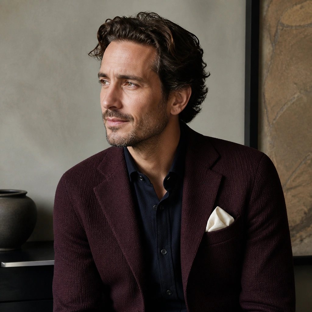 A man in a burgundy knit blazer over a dark shirt, with a cream pocket square peeking from the breast pocket. The pocket square appears bright under indoor lighting.