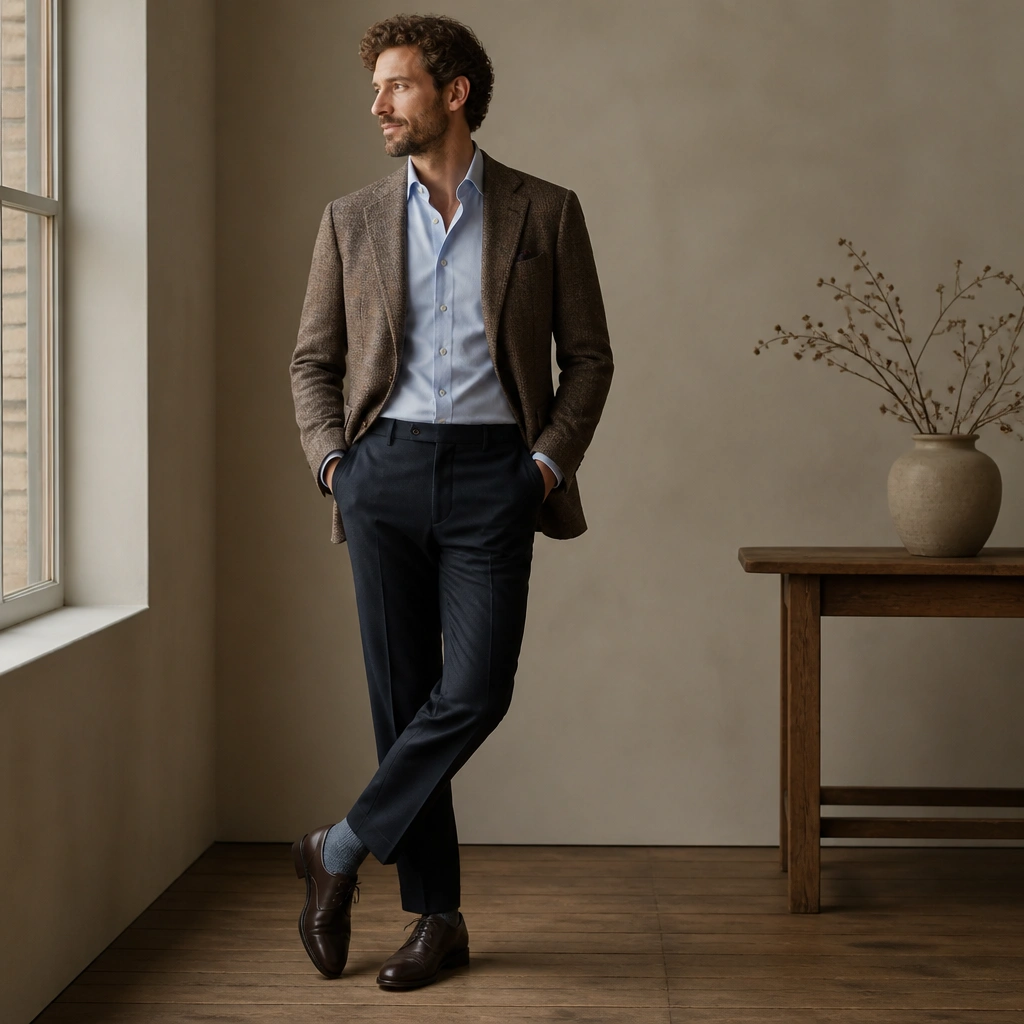 A man wearing a tweed sport coat with a collared shirt and dark trousers. His socks are visible when he shifts stance, showing a subtle contrast that catches light near the ankles.
