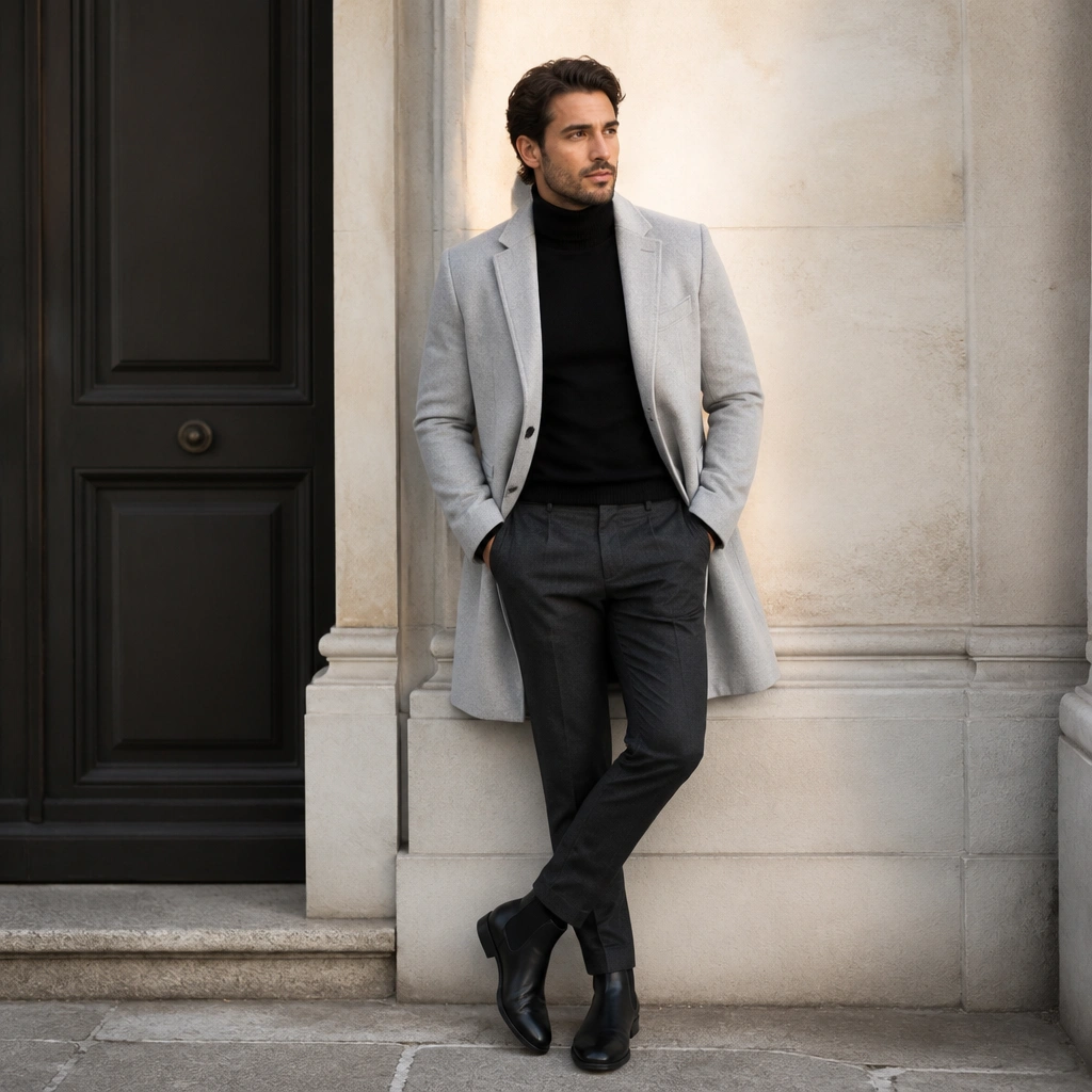 A man in a light gray overcoat over a black fitted turtleneck, with slim charcoal trousers and black Chelsea boots. The contrast creates a bright-to-dark glow effect around the face.