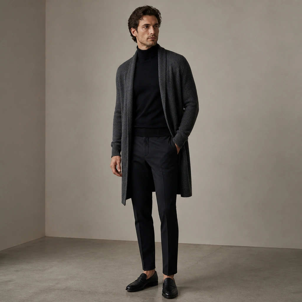 A man wearing a charcoal longline cardigan open over a fitted black turtleneck. He’s styled with slim black or charcoal chinos and leather loafers, photographed against a neutral background.
