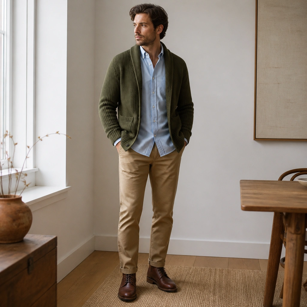 An olive shawl-collar cardigan worn open over a light blue button-down Oxford shirt. The look is finished with tan chinos and brown leather lace-up boots, with the shirt collar visible.