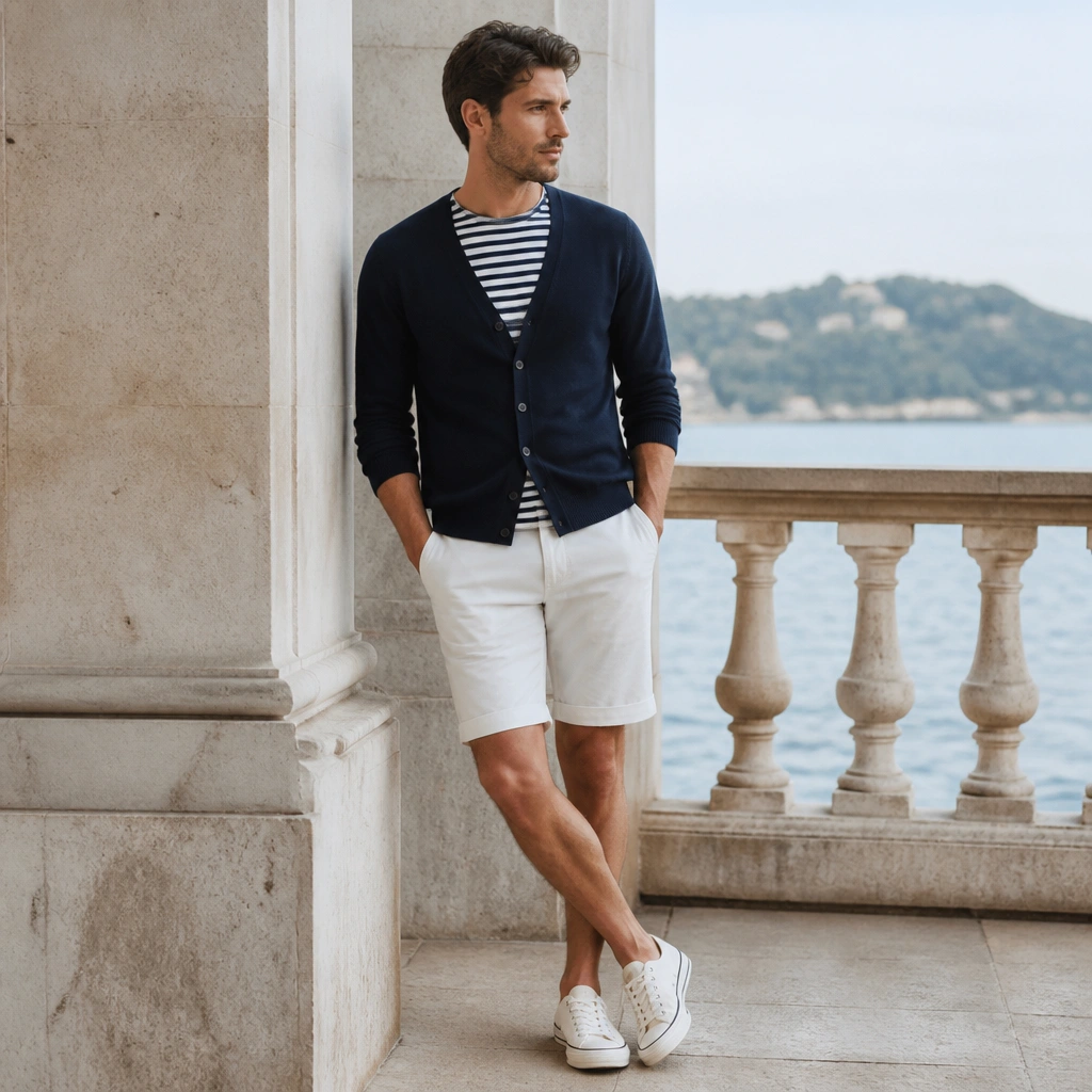 A man in a navy V-neck cardigan over a navy-and-white striped tee. He’s wearing white chino shorts and low-profile canvas sneakers, with the cardigan sleeves rolled naturally.