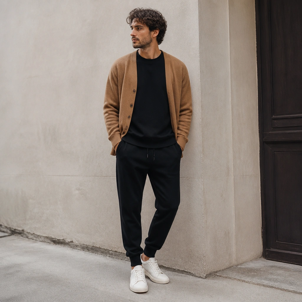 A camel cardigan worn open over a black crew-neck sweatshirt. The man is styled with black joggers and clean minimal sneakers, with a relaxed street-style vibe.