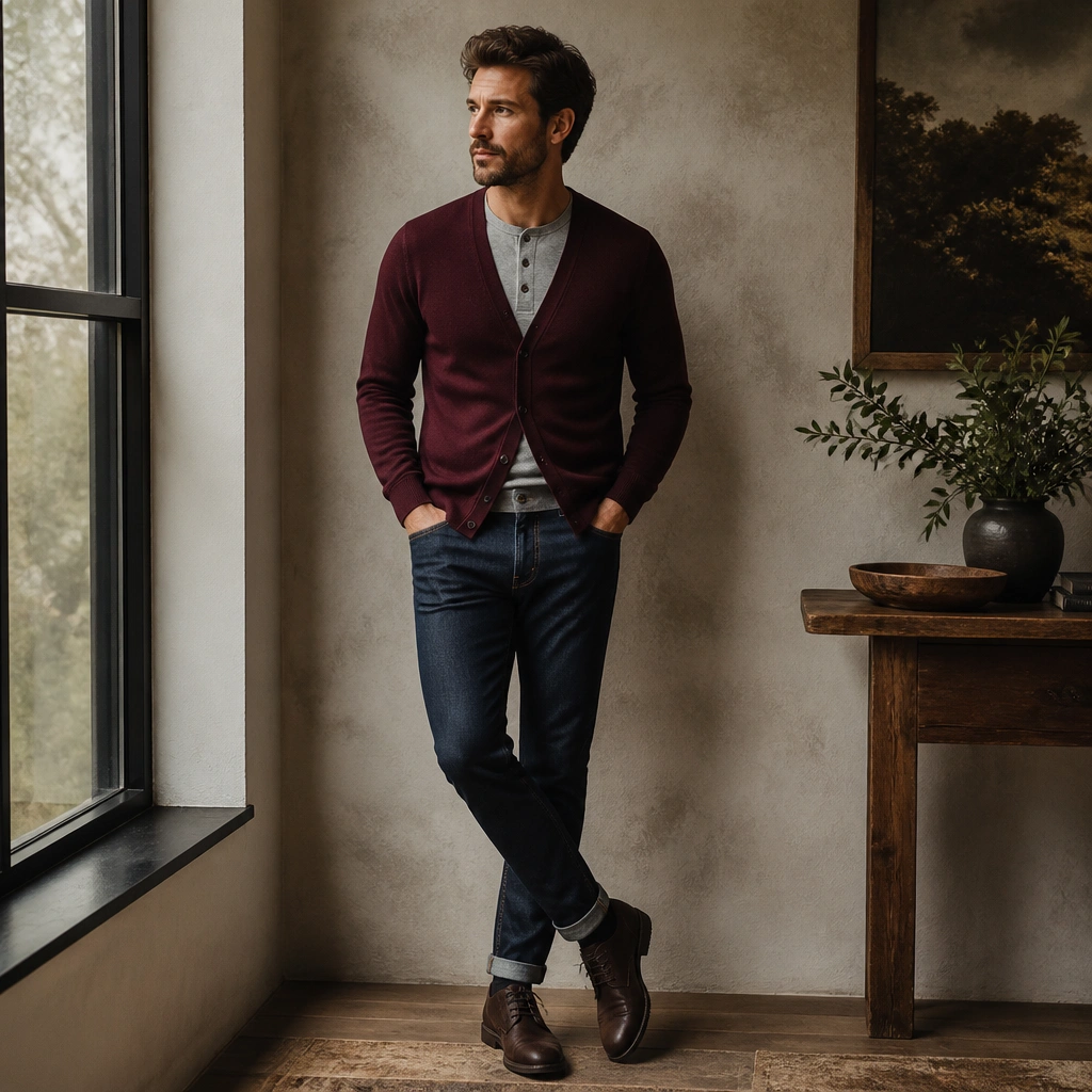 A burgundy cardigan buttoned halfway over a heather grey henley. The man wears slim dark denim jeans and dark brown shoes, with the henley placket visible.