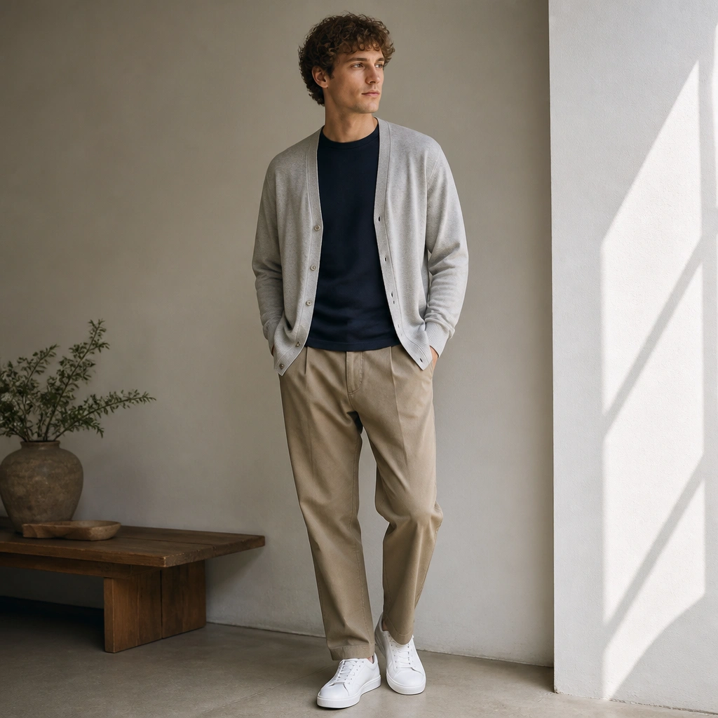 A light grey cardigan worn open over a navy crew-neck tee. The outfit is paired with relaxed khaki trousers and white low-top sneakers.