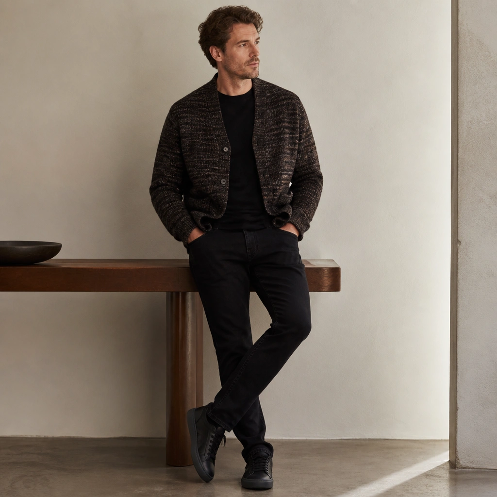 A man wearing a cardigan with subtle tweed-like texture and a muted pattern. It’s layered over a plain black tee and styled with black jeans and dark sneakers.