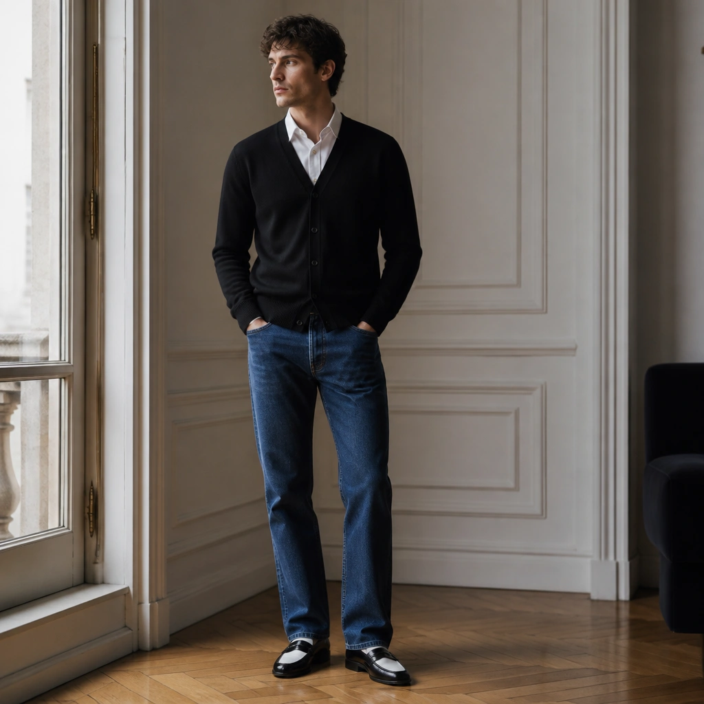 A black cardigan worn buttoned over a crisp white button-down shirt. The man is wearing straight-leg blue jeans and black-and-white leather shoes.