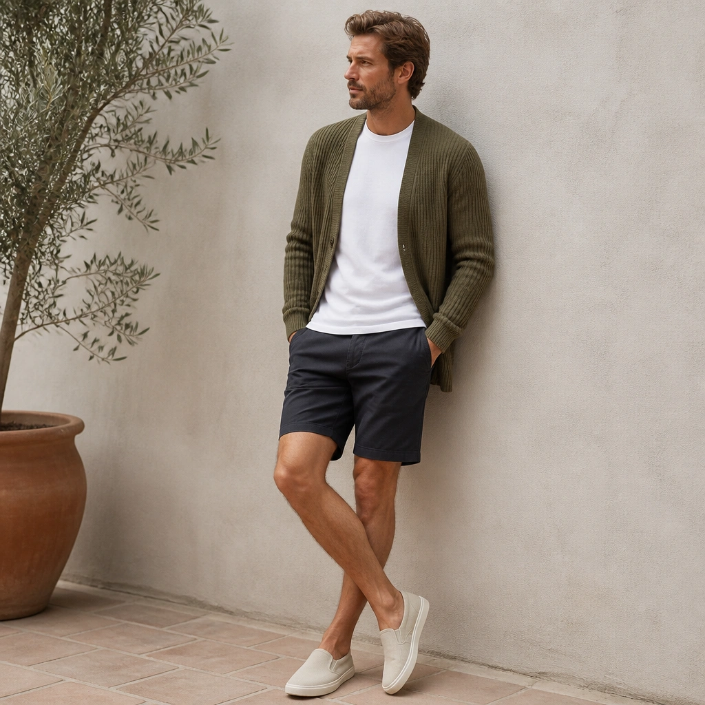 A ribbed olive cardigan worn open over a white tee. The man wears dark chino shorts and simple slip-on sneakers, with the ribbing clearly visible.