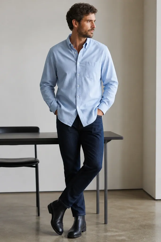 Man in a light blue button-down oxford shirt worn untucked over dark indigo jeans, paired with black Chelsea boots; minimal desk setting behind.
