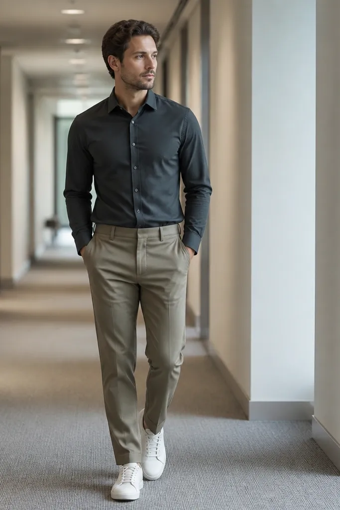 Man wearing a charcoal button-down shirt with sleeves down, khaki tailored trousers, and clean white leather sneakers; office hallway lighting.
