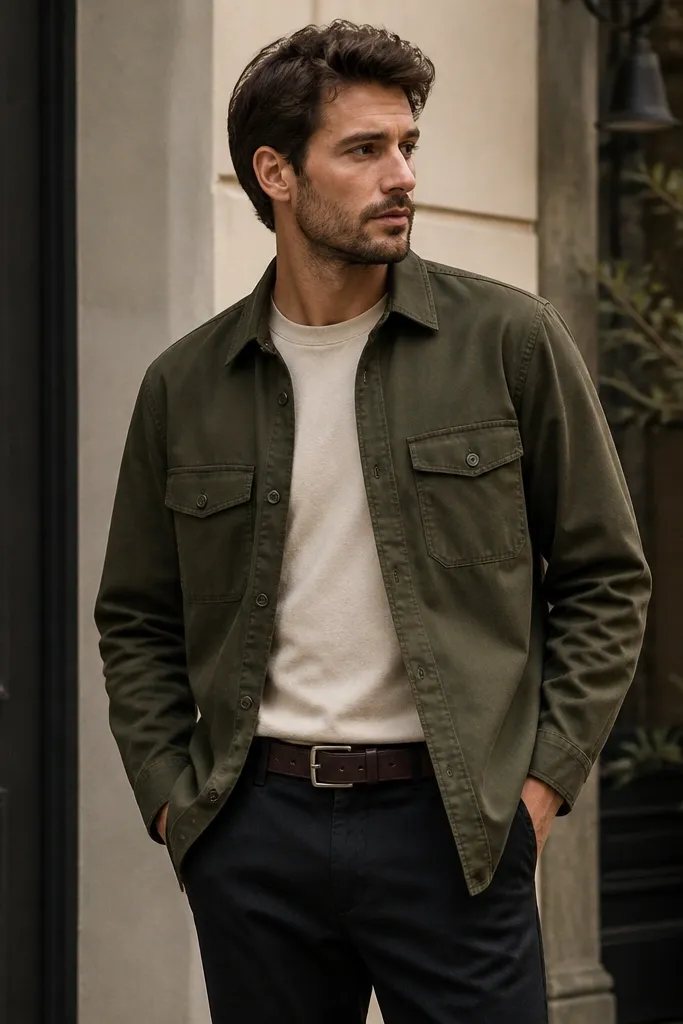 Man layering an olive utility-style overshirt over a neutral tee, paired with black chinos and a dark brown leather belt; outdoors near a building entrance.