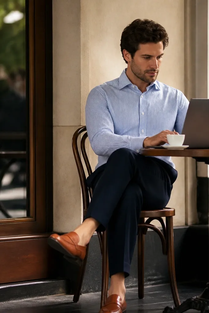 Man wearing a subtle navy-and-white striped dress shirt (fully buttoned) with a slight tuck into navy chinos and tan leather loafers; seated at a cafe with laptop.