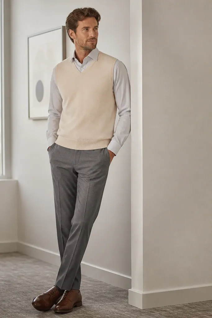 Man wearing a cream sweater vest over a light gray button-down, with slim trousers in medium gray and brown leather oxford shoes; neutral office background.