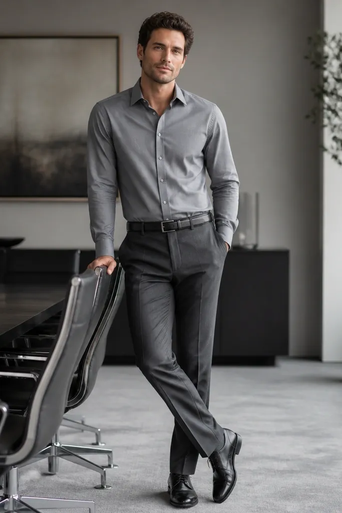 Man dressed in matching tonal grays: a soft gray button-down and charcoal trousers, finished with a black leather belt and black leather shoes; office conference room.