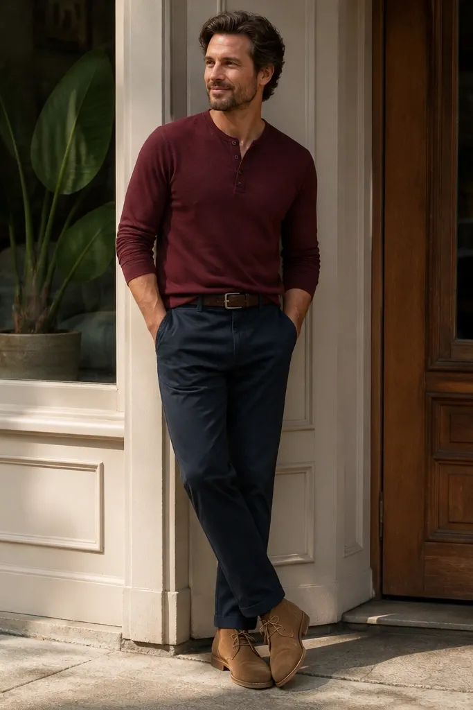 Man wearing a burgundy henley shirt (no visible logos) tucked into navy chinos with suede desert boots; warm daylight near a storefront.