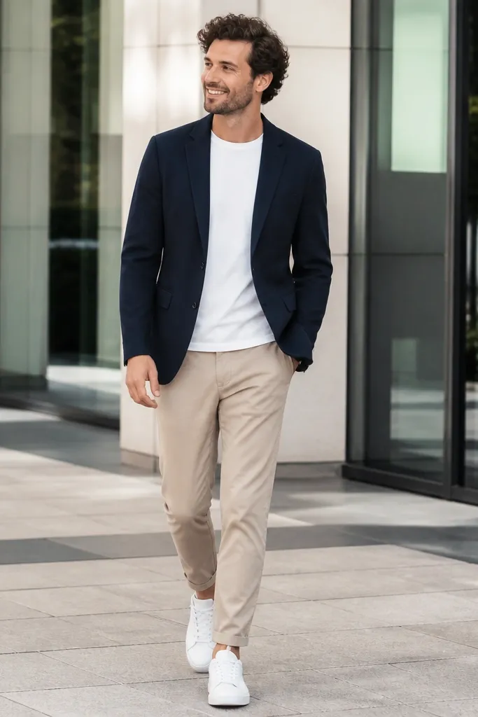 Man in a navy blazer over a plain white crew tee, paired with beige tapered trousers and white minimalist sneakers; bright modern office exterior.