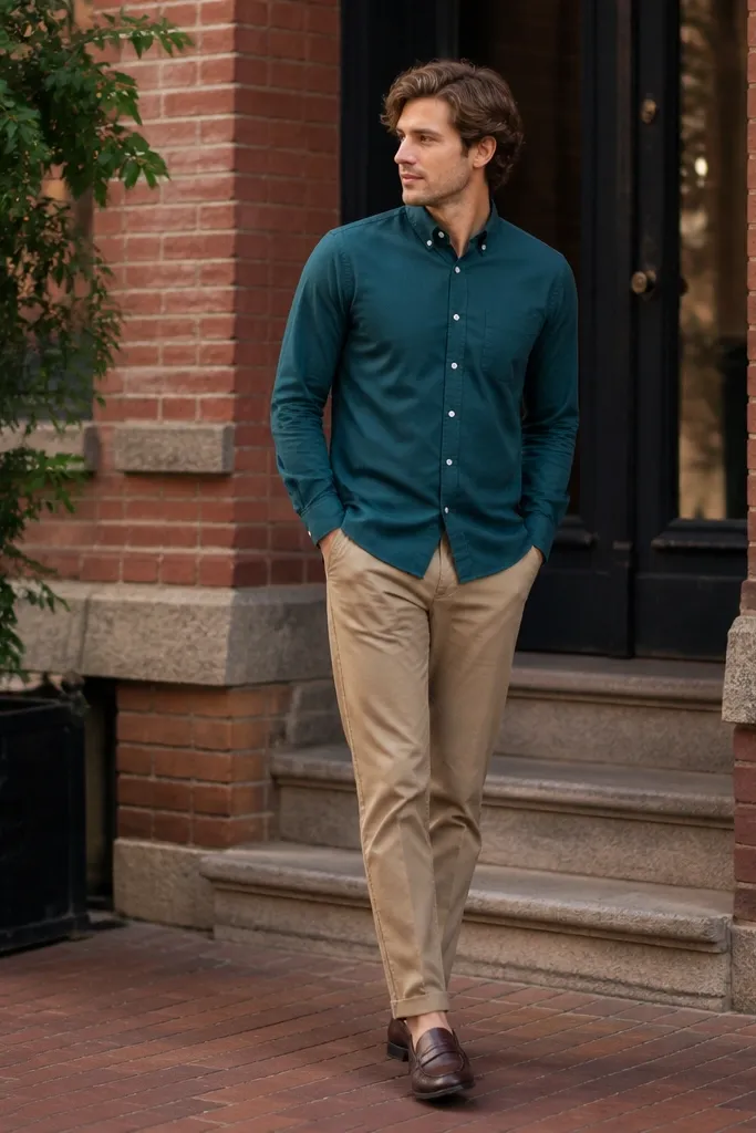 Man wearing a teal button-down oxford shirt with sleeves down, tan chinos, and dark brown loafers; photo taken in front of a brick building.