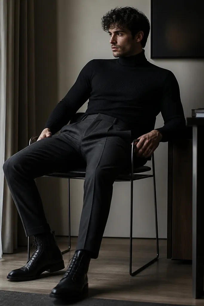 Man in a fitted black turtleneck tucked into charcoal trousers with black leather lace-up boots; moody office corner lighting.