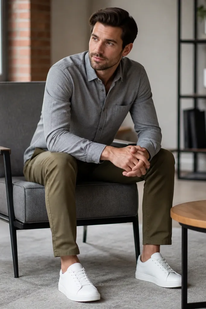 Man wearing a gray flannel button-up (slight texture) with olive chinos and white low-top trainers; casual office lounge setting.