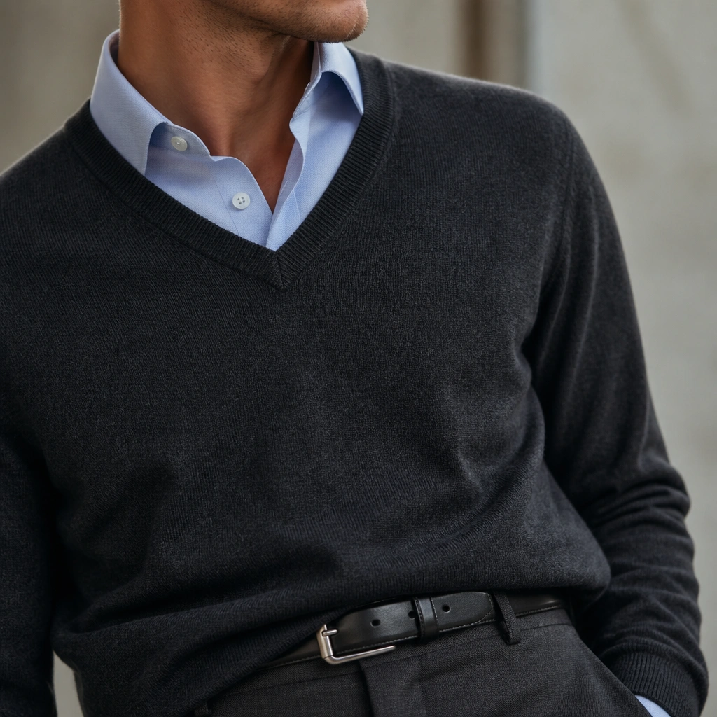 A charcoal V-neck sweater over a light blue dress shirt, paired with dark charcoal trousers and a belt. The camera focuses on the neckline contrast.